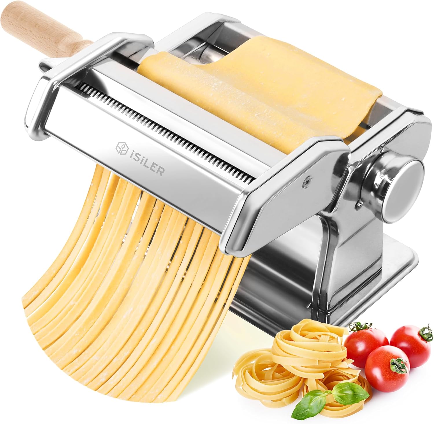 US&CA Sold Only Pasta Machine, iSiLER 9 Adjustable Thickness Settings Pasta Maker, 150 Roller Noodles Maker with Washable Aluminum Alloy Rollers and Cutter, FDA Approved for Pasta, Spaghetti, Fettuccini, Lasagna