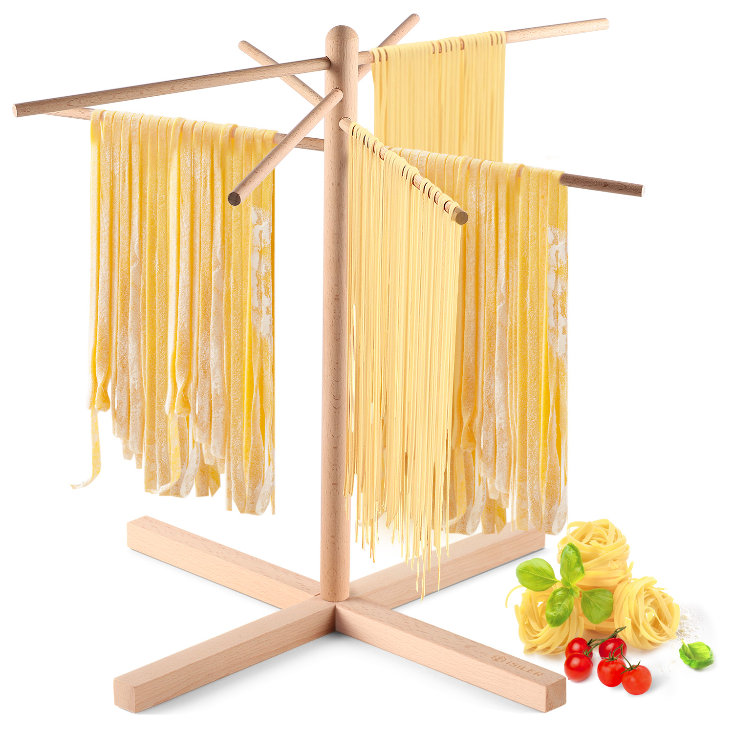 US Sold Only iSiLER Natural Beech Wood Pasta Drying Rack, Pasta and Spaghetti Dryer Stand with 4 Branched, Detachable Arms for Up To 4 Pounds of Pasta Dough
